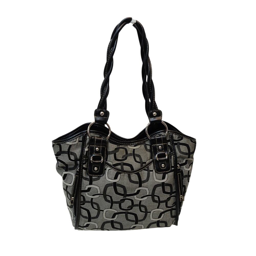 Rosetti Black Chain‑Link Cloth Shoulder Bag – Faux Leather Trim